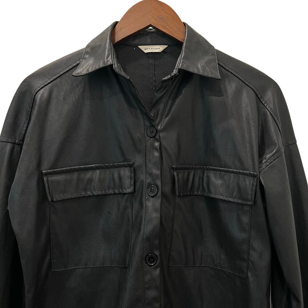 Max Studio Faux Leather Button Down Shirt Black Edgy Streetwear Women’s Medium - Picture 3 of 15
